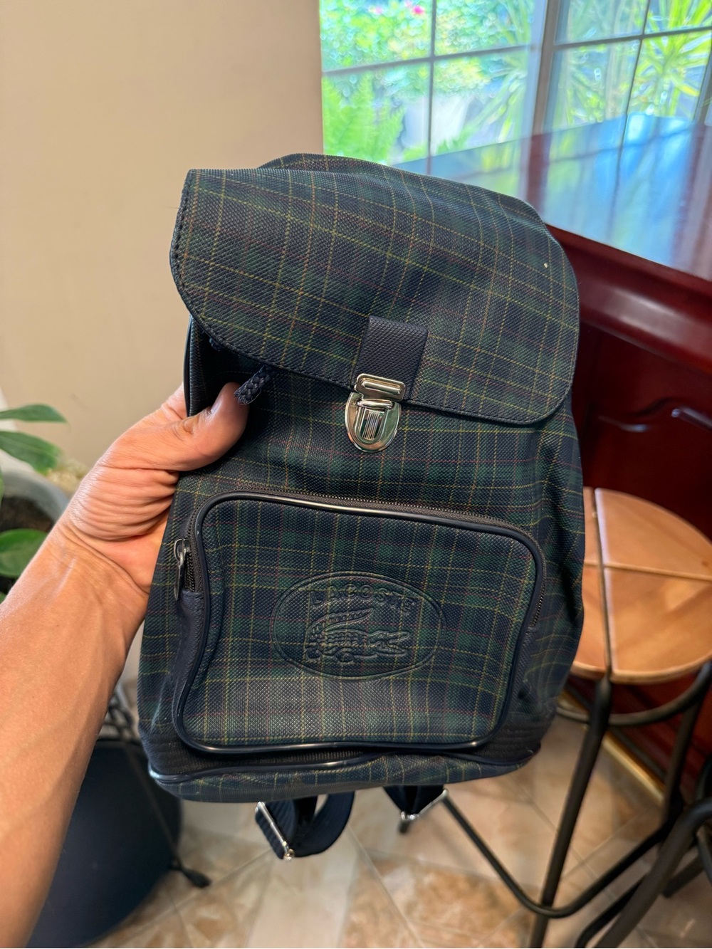 Lacoste Dark Green Plaid Canvas Backpack Front Zip Pocket retro good condition
